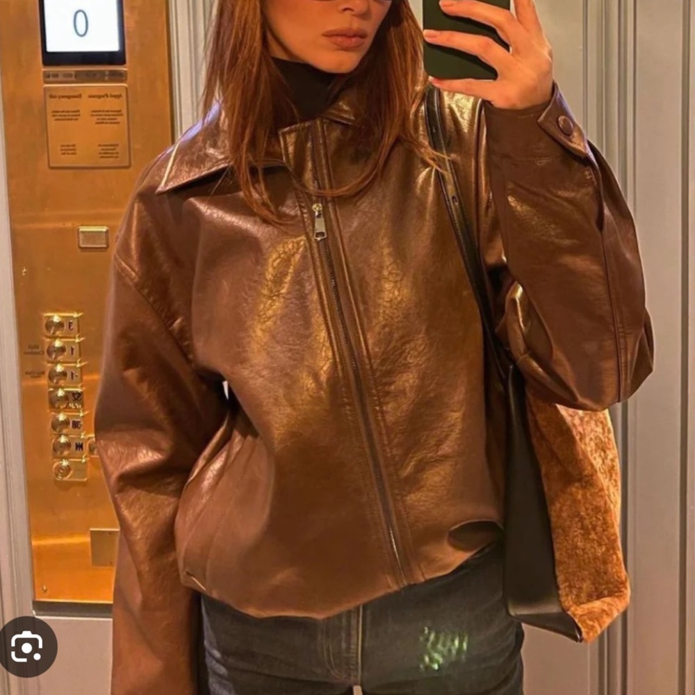 Brown Leather Jacket with Oversized Fit and High Collar